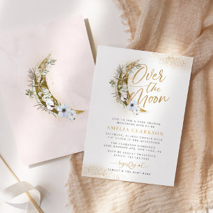 Over the Moon Boho Goud Stof & Wolken Baby Shower Kaart