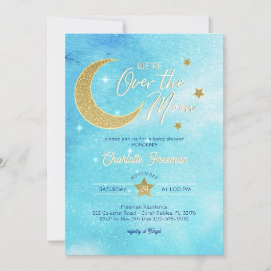 Over the Moon Boy Baby shower Invitation - Blauw Kaart (Voorkant)