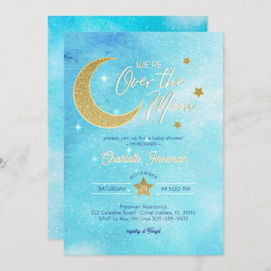 Over the Moon Boy Baby shower Invitation - Blauw Kaart (Voorkant / Achterkant)