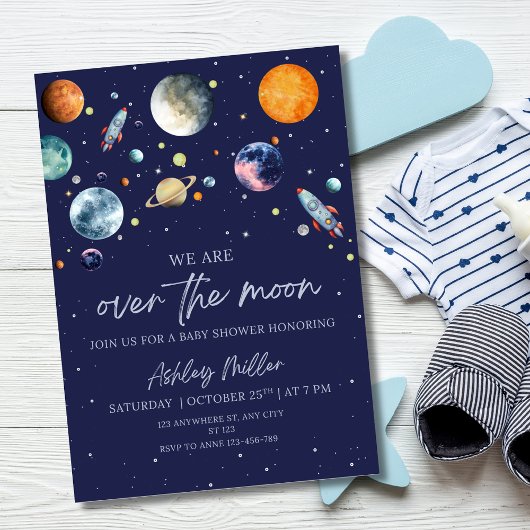 Over The Moon Boy Baby Shower Invite, Outer Space