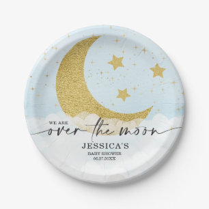 Over The Moon Boy Blue Baby shower papieren Borden Bordje