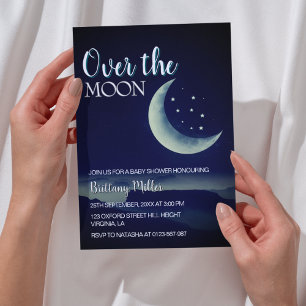 Over the Moon Crescent Stars Baby shower Kaart