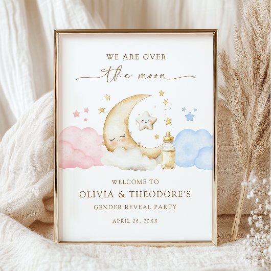 Over the Moon Gender Reveal Party Welcome Poster