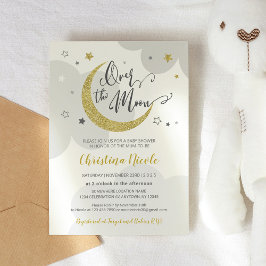 Over the Moon Grijze Gouden Sterren Baby shower Kaart