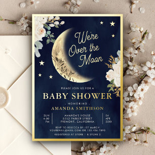 Over the Moon Ivoor Bloemendesign Navy Baby Shower Folie Uitnodiging