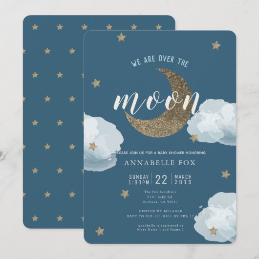 Over the Moon Midnight Blue Baby shower Invitation Kaart (Voorkant / Achterkant)