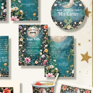 Over the Moon Moonlit Night Pink Flowers Baby Girl Informatiekaartje