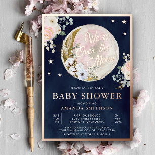 Over The Moon Navy Blauwe Baby Shower Roze Rose Go Folie Uitnodiging