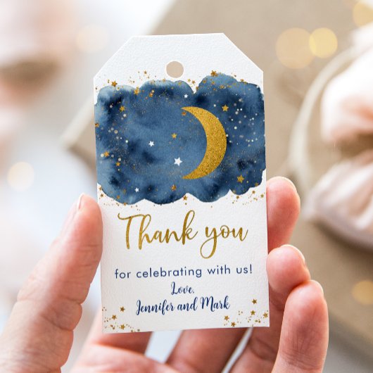 Over the Moon Navy Gold Galaxy Baby shower Cadeaulabel