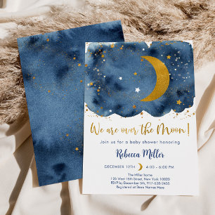 Over the Moon Navy Gold Galaxy Baby shower Kaart