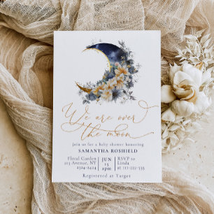 Over the moon navy gouden baby shower kaart
