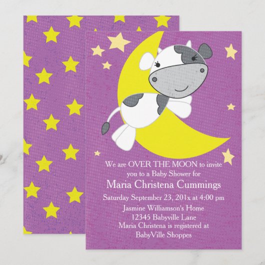 Over the Moon Paarse Baby shower Kaart (Voorkant / Achterkant)