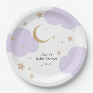 Over the Moon Paarse Baby Shower Papieren Bordje