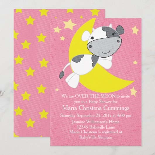 Over the Moon Pink Baby shower Invitation Kaart (Voorkant / Achterkant)