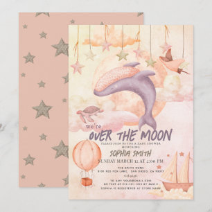 Over the Moon Pink Whale Boho Girl Baby shower Kaart