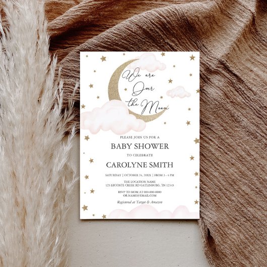 Over the Moon Roze Baby shower Invitation Kaart