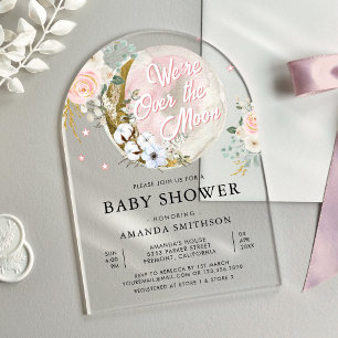 Over The Moon Roze Bloemboog Baby Shower Acryl Uitnodigingen