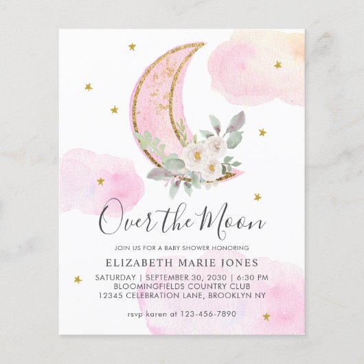 Over the Moon Roze Gouden Bloem Meisje Baby Shower (Voorkant)