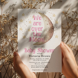Over the Moon Roze Meisje Baby shower Uitnodiging
