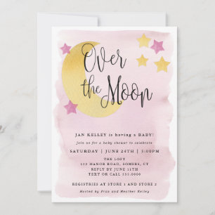 Over the Moon, Roze Waterverf Baby Shower Kaart