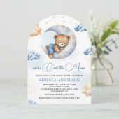 Over the Moon Sleeping Teddy Bear Blue Baby Shower Kaart (Staand voorkant)