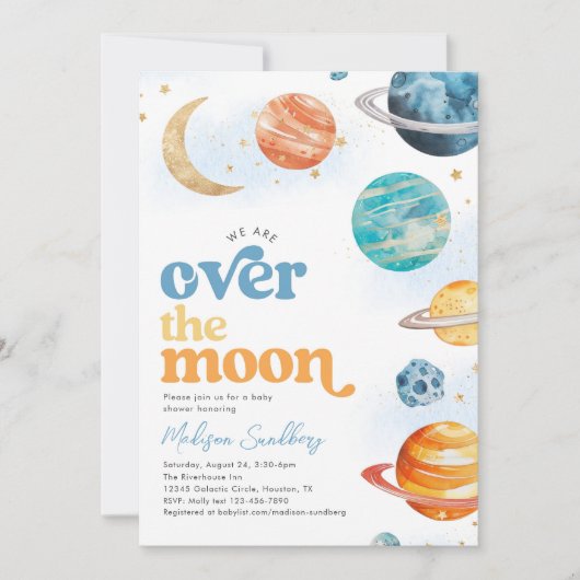 Over the Moon Space Baby shower Invitation Kaart (Voorkant)