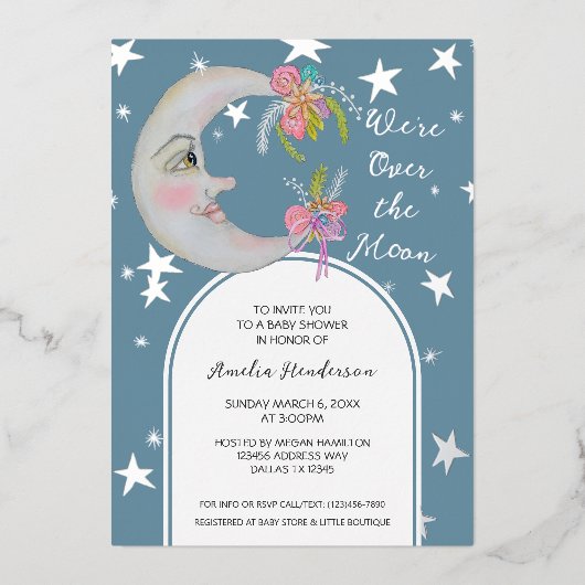 Over the Moon Stars Blauwgroen Blauw Bloemen Baby Folie Uitnodiging (Voorkant)