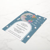 Over the Moon Stars Blauwgroen Blauw Bloemen Baby Folie Uitnodiging (Gedraaid)