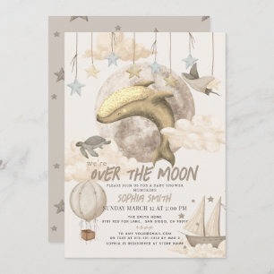 Over the Moon Whale Boho Baby shower Kaart