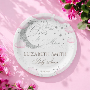 Over the Moon Zilver Roze Meisje Baby Shower Papieren Bordje