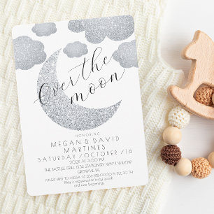 Over the Moon zilveren glitter Baby shower Kaart
