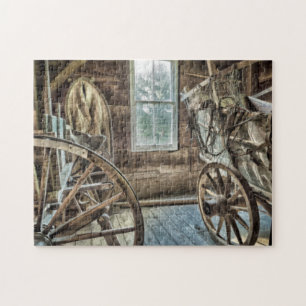 Overdekte wagen, houten wagenwiel legpuzzel
