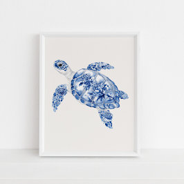 Overhead Zee Turtle – Coastal Blue op Beige Poster