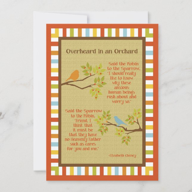 "Overhear in an Orchard" (Robin & Sparrow) gedicht (Voorkant)