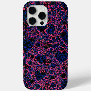Overlappende harten patroon, roze op blauw zwart B iPhone 15 Pro Max Hoesje