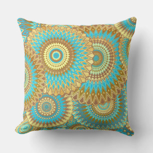 Overlappende Mandala Blauw Bruin Goud Kussen