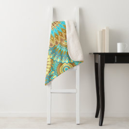Overlappende Mandala Blauw Bruin Goud Sherpa Deken