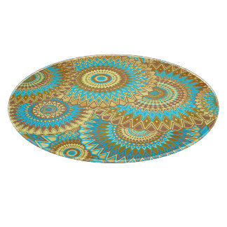 Overlappende Mandala Blauw Bruin Goud Snijplank