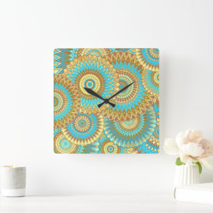 Overlappende Mandala Blauw Bruin Goud Vierkante Klok