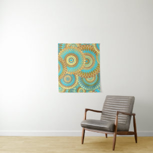 Overlappende Mandala Blauw Bruin Goud Wandkleed