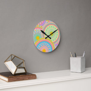 Overlappende Mandala Roze Blauw Geel Mint Paars Ronde Klok