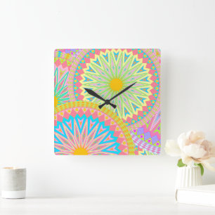 Overlappende Mandala Roze Blauw Geel Mint Paars Vierkante Klok