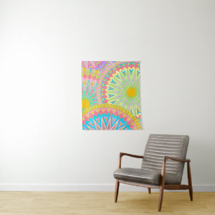 Overlappende Mandala Roze Blauw Geel Mint Paars Wandkleed