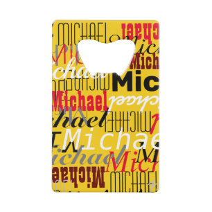 Overlappende namen all-over geel kredietkaart flessenopener