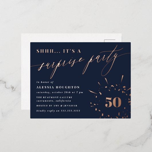 Overnemingspartij in Navy & Roos Gold Script Folie Uitnodiging Briefkaart (Voorkant / Achterkant)