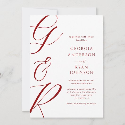 Oversized Script Monogram Rood Vervaagd Foto Bruil Kaart (Voorkant)