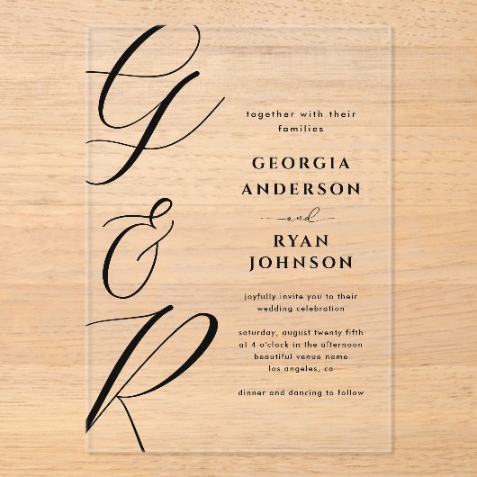 Oversized scriptmonogram transparant acryl uitnodigingen (Voorkant)