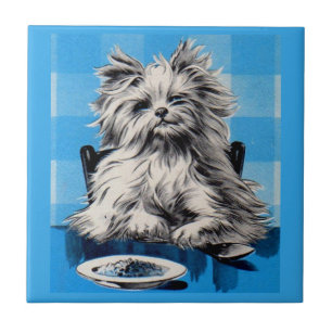 overspoelen van hond die aan tafel eet tegeltje