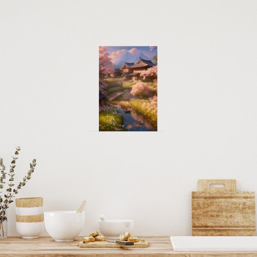 Overstromend plattelandsdorp van Tranquil in het v Poster (Keuken)