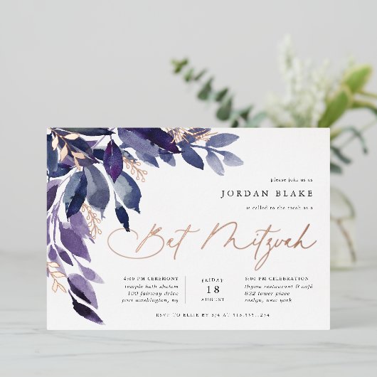 Overvloedig gebladerte | Violet Botanische vleermu Folie Uitnodiging (Staand Voorkant)
